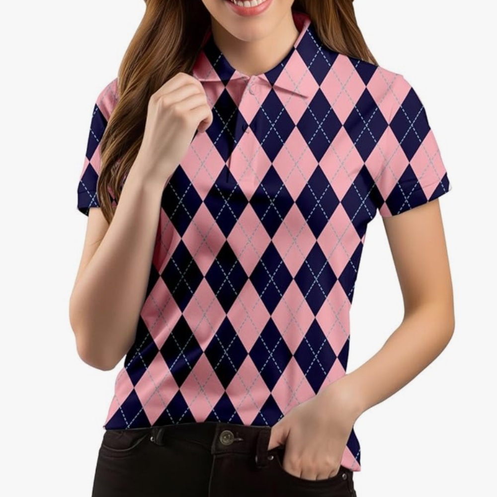 Pink and Navy argyle short sleeve golf shirt size small
